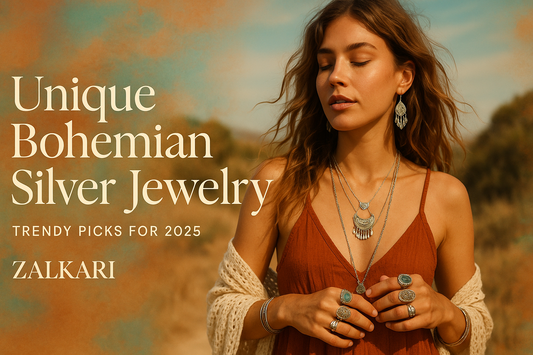 A woman wearing unique bohemian silver jewelry including layered necklaces, chunky rings, and dangling earrings, styled in a free-spirited outdoor setting. Banner text reads “Unique Bohemian Silver Jewelry – Trendy Picks for 2025 | Zalkari.