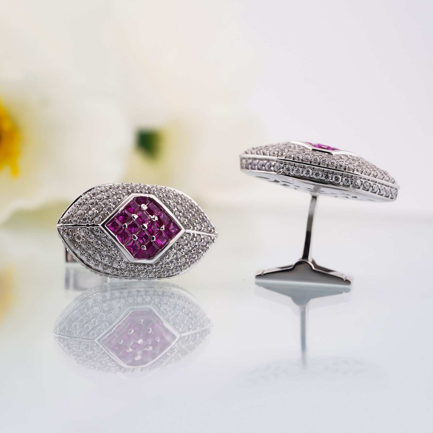 925 Sterling Silver Pink Ruby & Diamond Cufflinks For Men