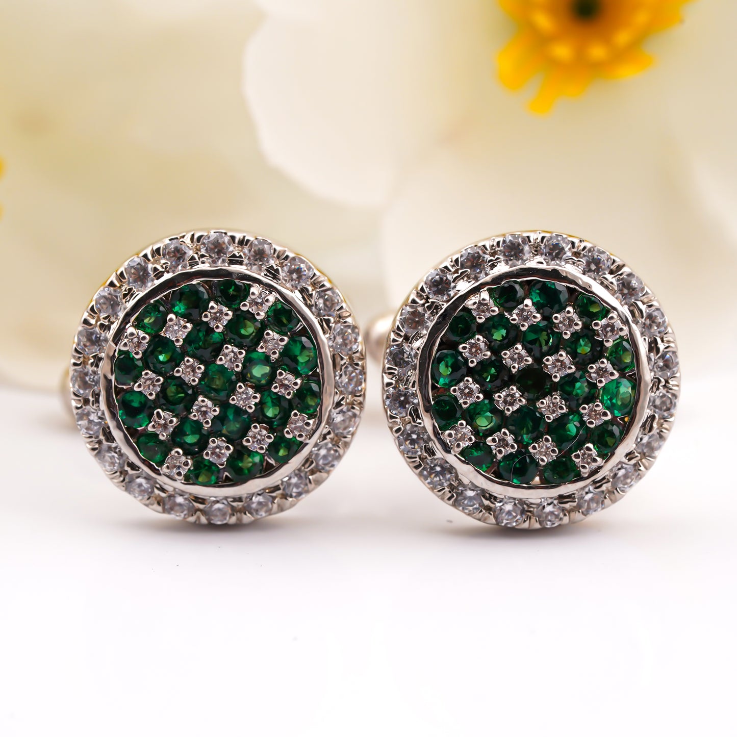 Green Emerald Cluster Round Cufflinks With 14K Gold Plated