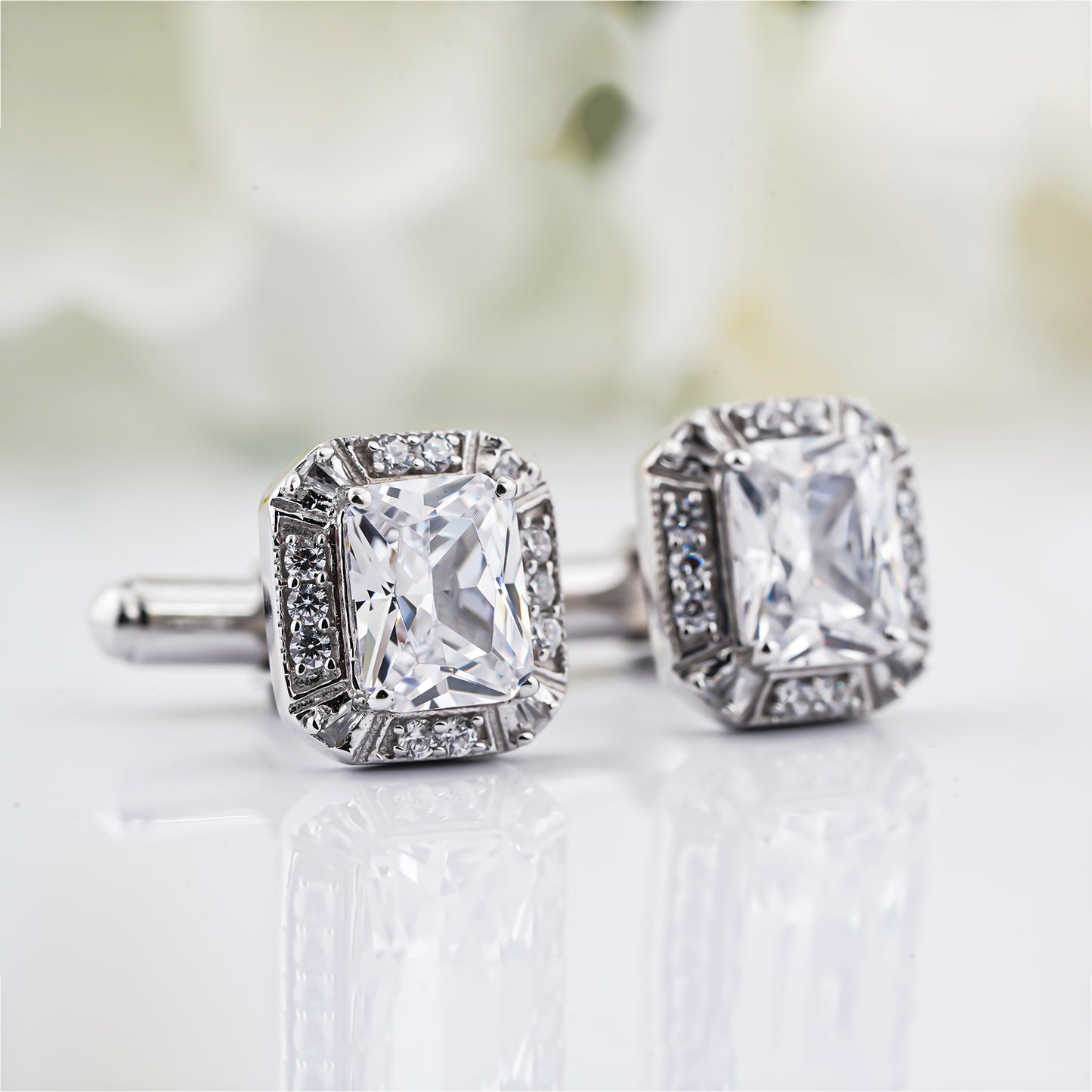Silver Emerald Cut Halo Cufflinks For Men