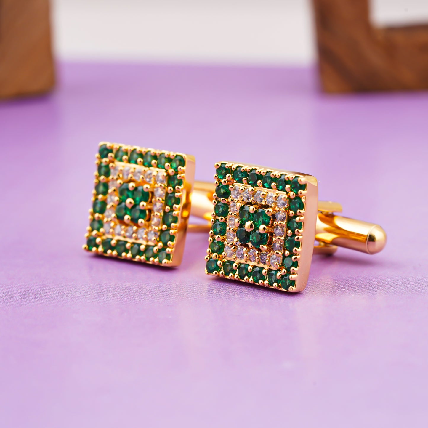 Green Emerald Cluster Cufflinks With 14K Gold Plated