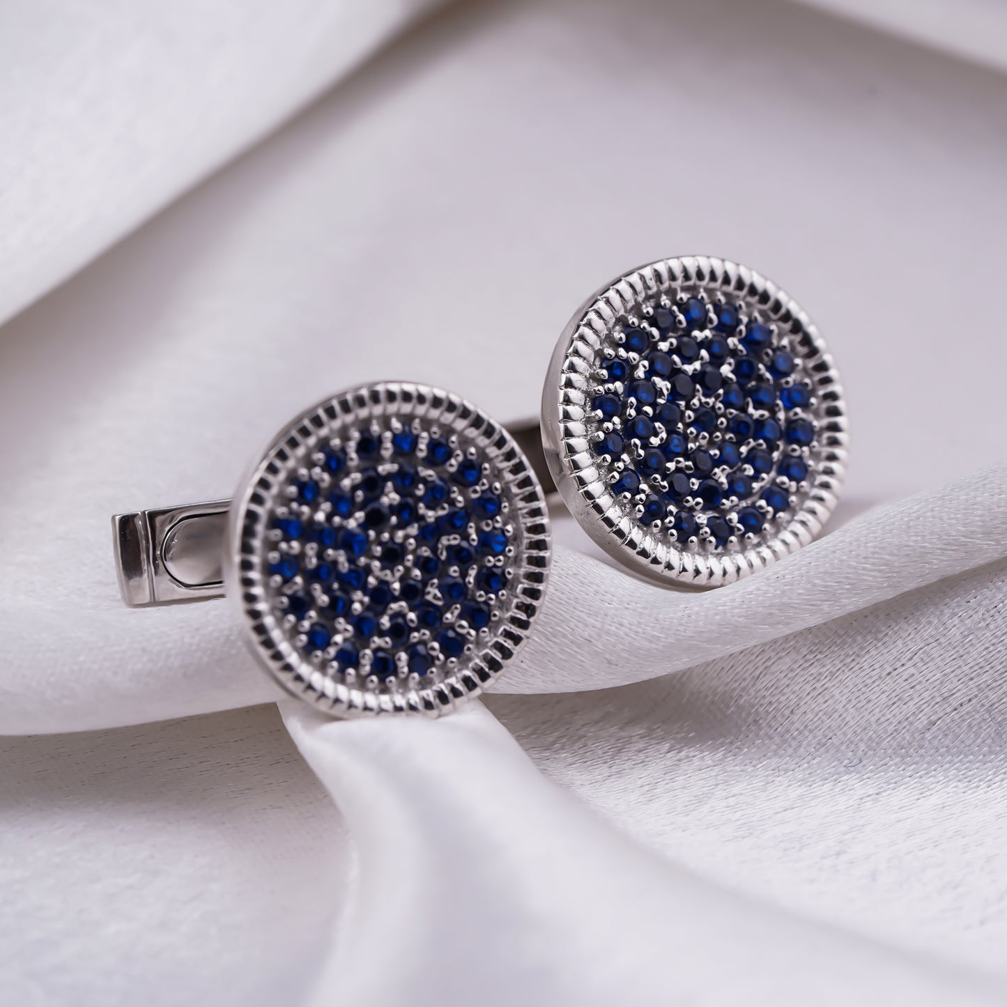 Silver Sapphire Circle Cufflinks