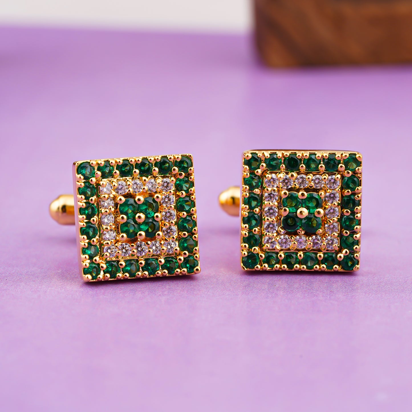 Green Emerald Cluster Cufflinks With 14K Gold Plated