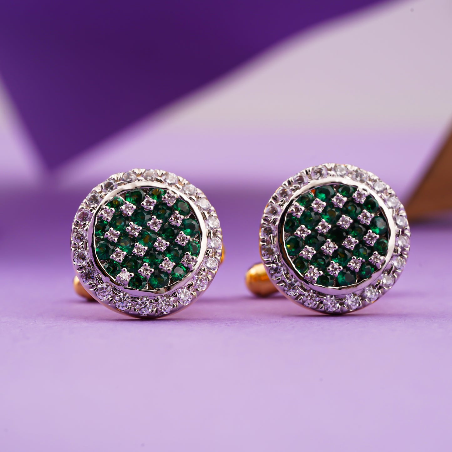Green Emerald Cluster Round Cufflinks With 14K Gold Plated