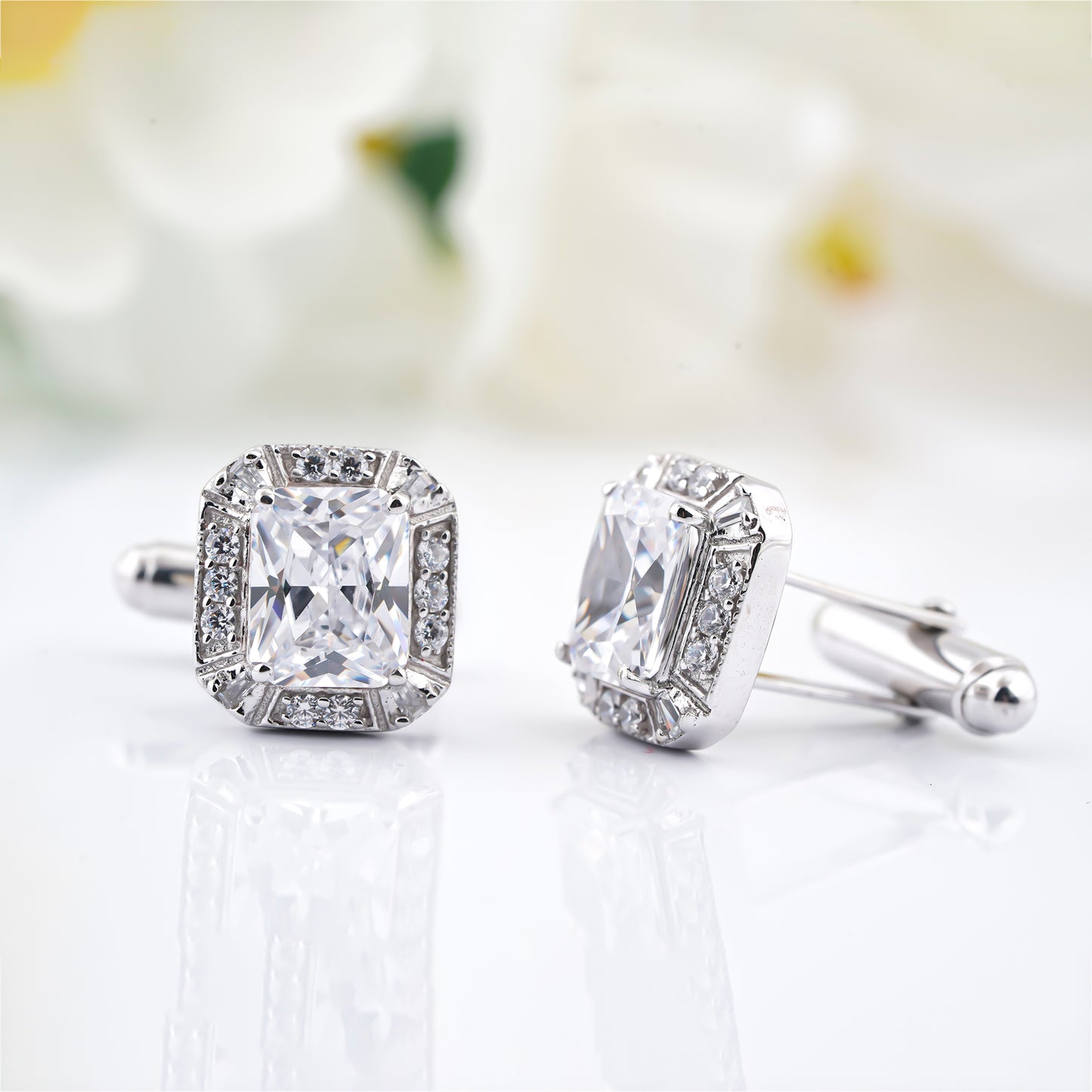 Silver Emerald Cut Halo Cufflinks For Men