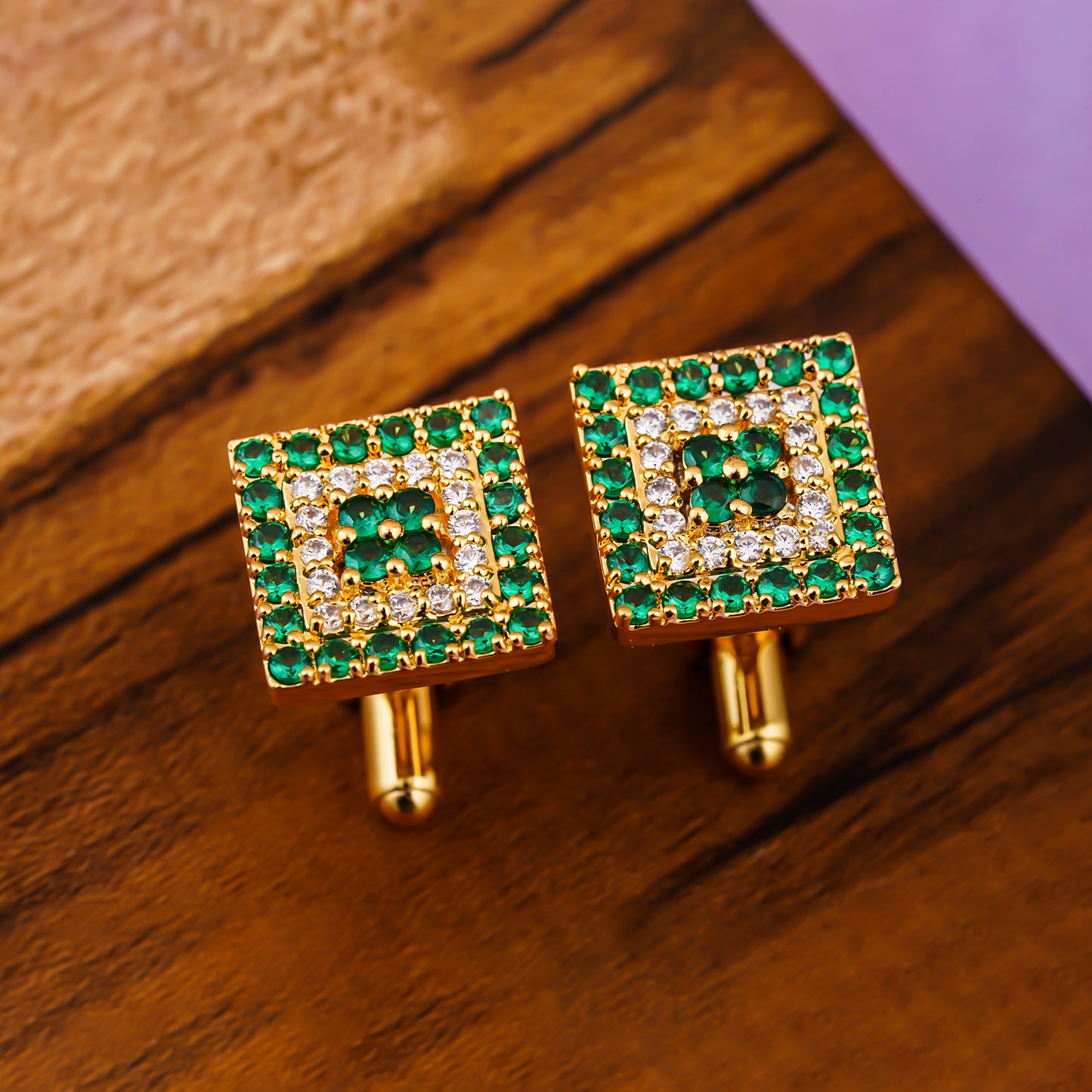 Green Emerald Cluster Cufflinks With 14K Gold Plated