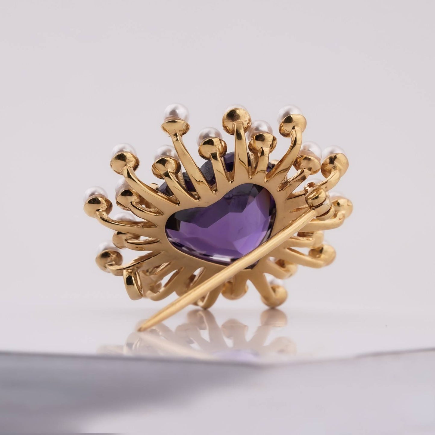 Sterling Silver Heart Purple Amethyst & Pearl Brooch Pin With 14K Gold Plated