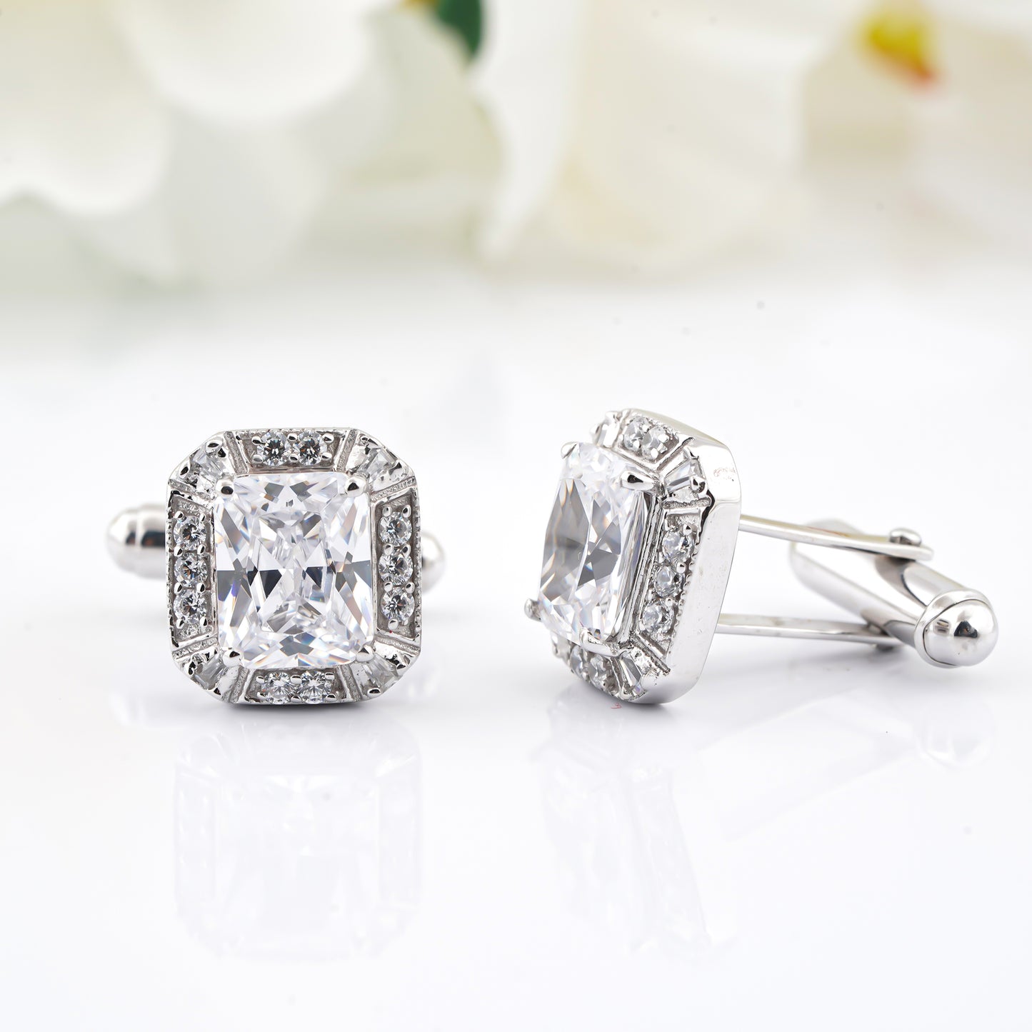 Silver Emerald Cut Halo Cufflinks For Men
