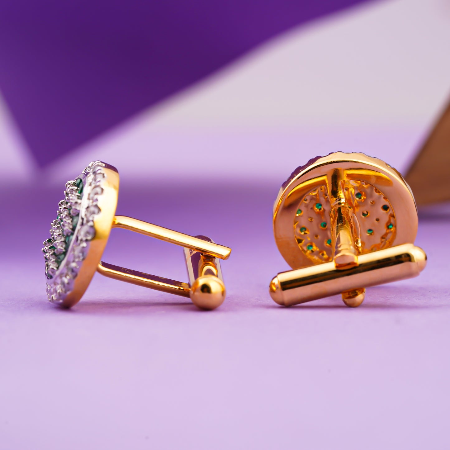 Green Emerald Cluster Round Cufflinks With 14K Gold Plated