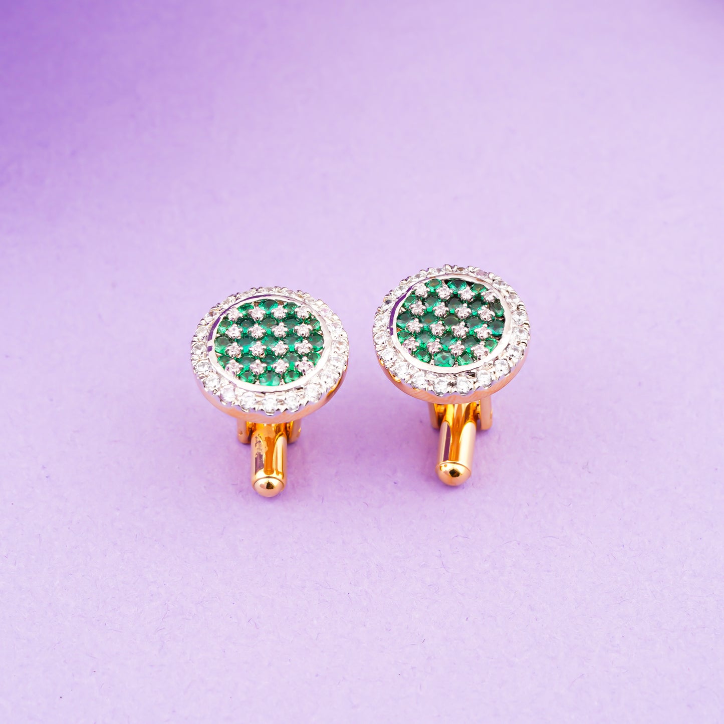 Green Emerald Cluster Round Cufflinks With 14K Gold Plated
