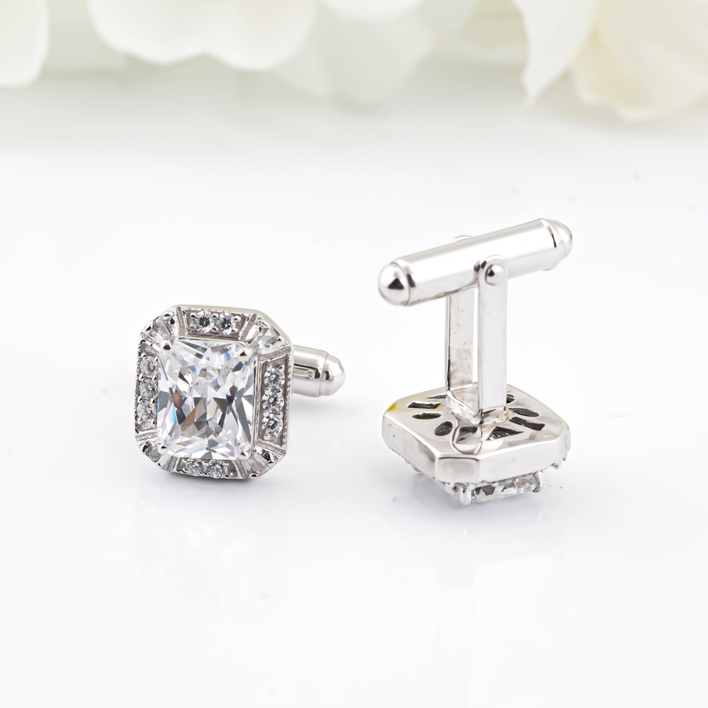 Silver Emerald Cut Halo Cufflinks For Men