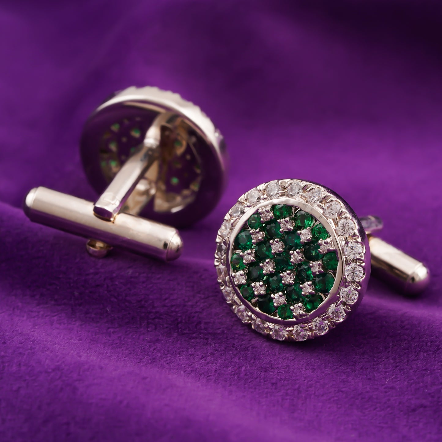 Silver Green Emerald Cluster Round Cufflinks