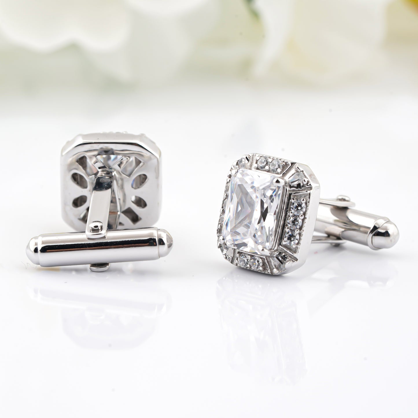 Silver Emerald Cut Halo Cufflinks For Men