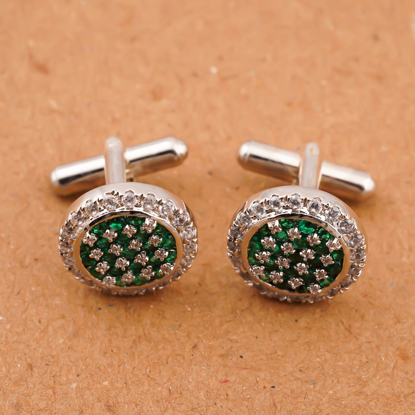 Silver Green Emerald Cluster Round Cufflinks