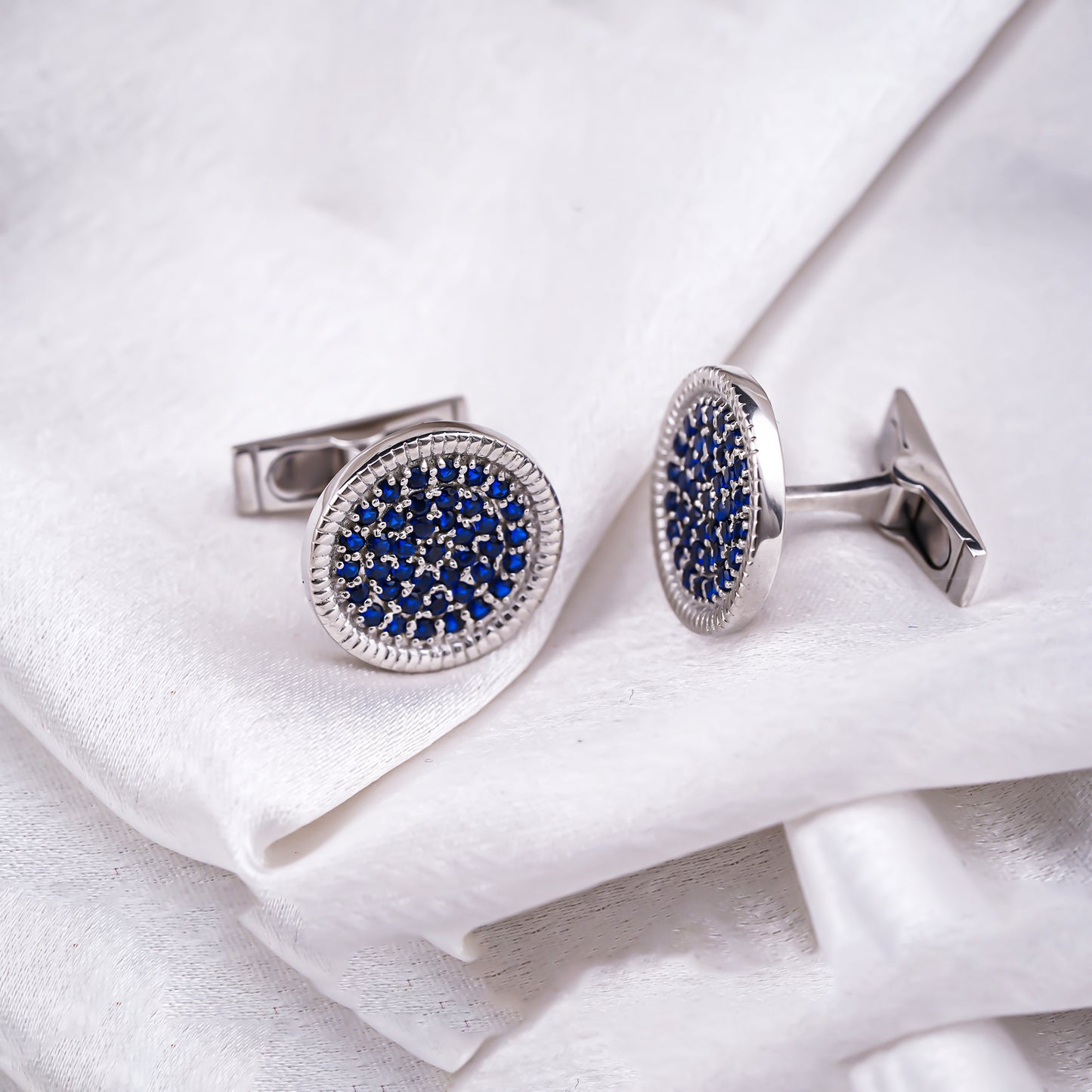 Silver Sapphire Circle Cufflinks