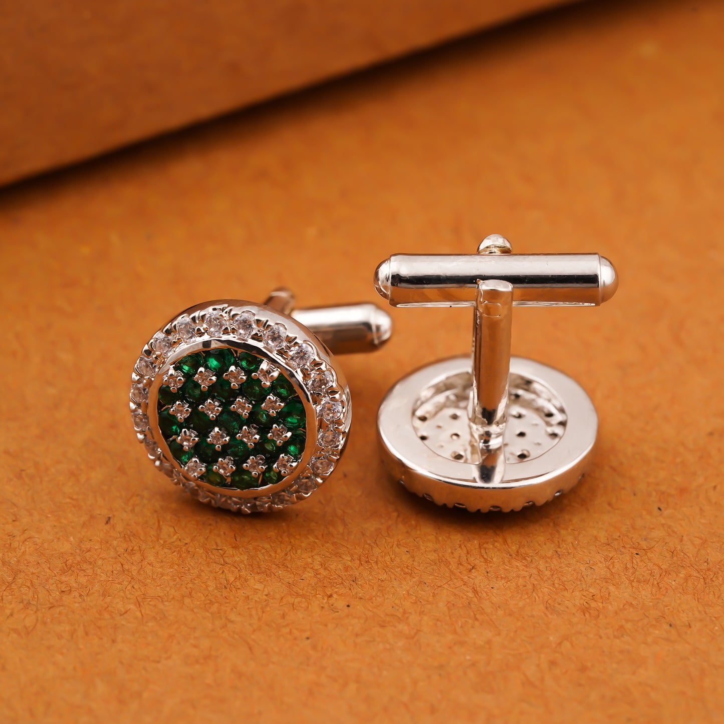 Silver Green Emerald Cluster Round Cufflinks