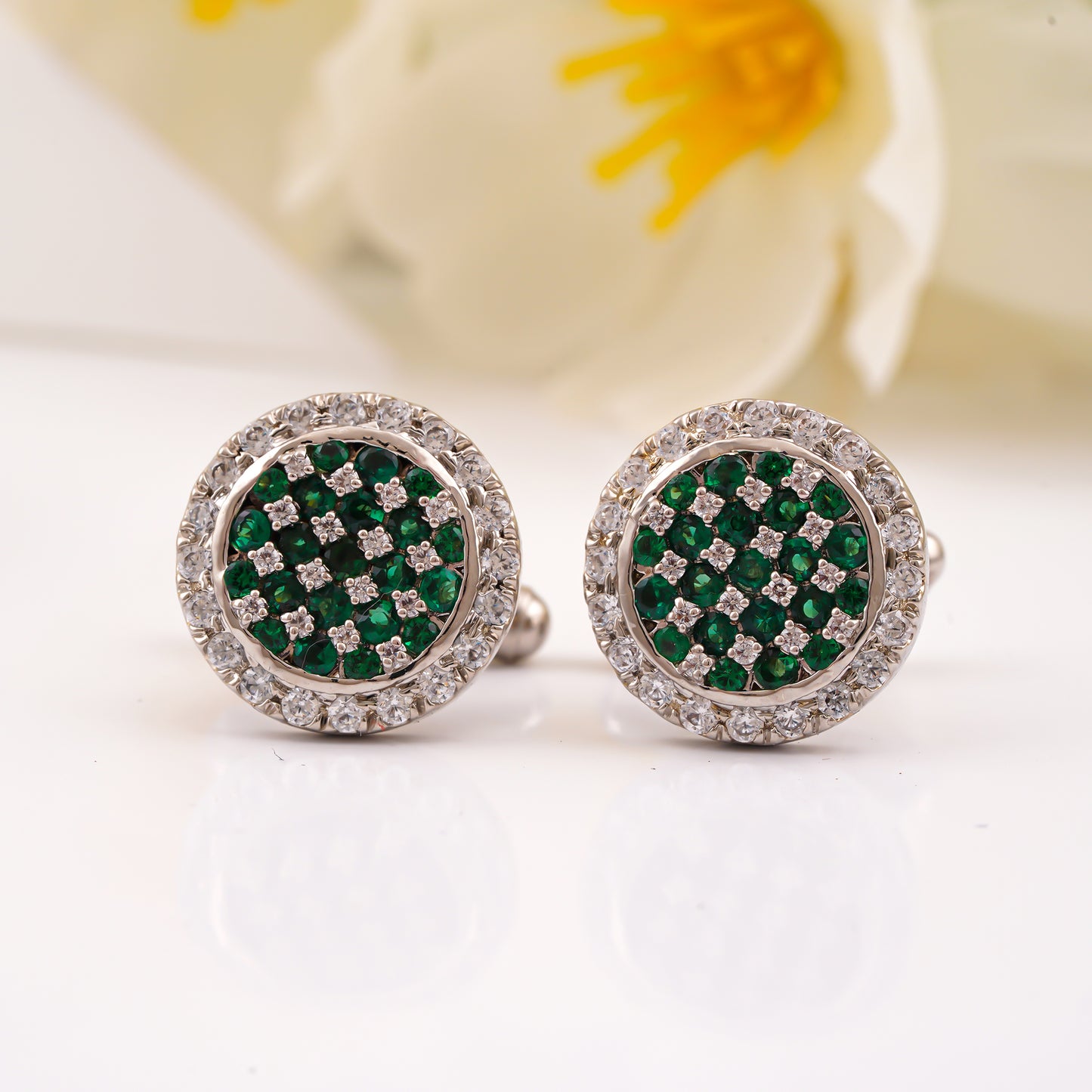 Silver Green Emerald Cluster Round Cufflinks