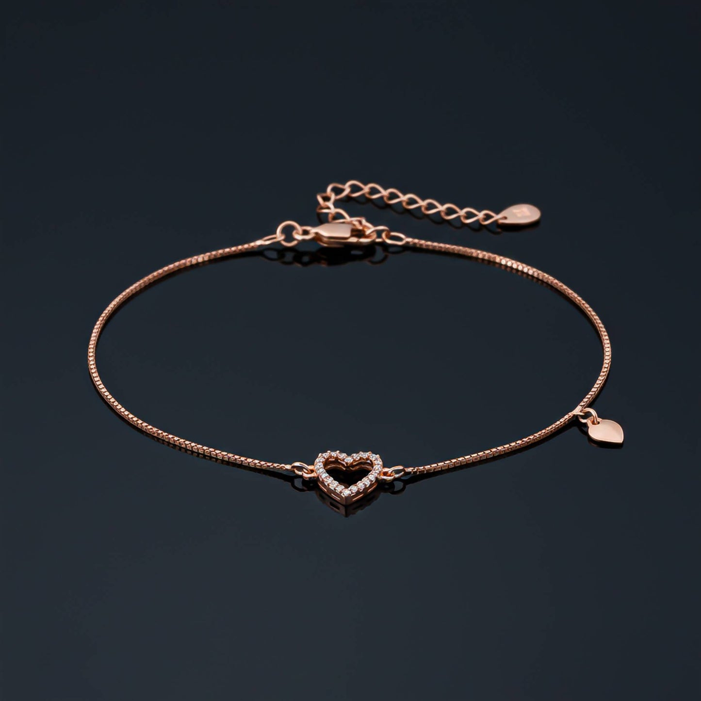 Silver Lovely Heart Charm Anklet With 14K Rose Gold Plated