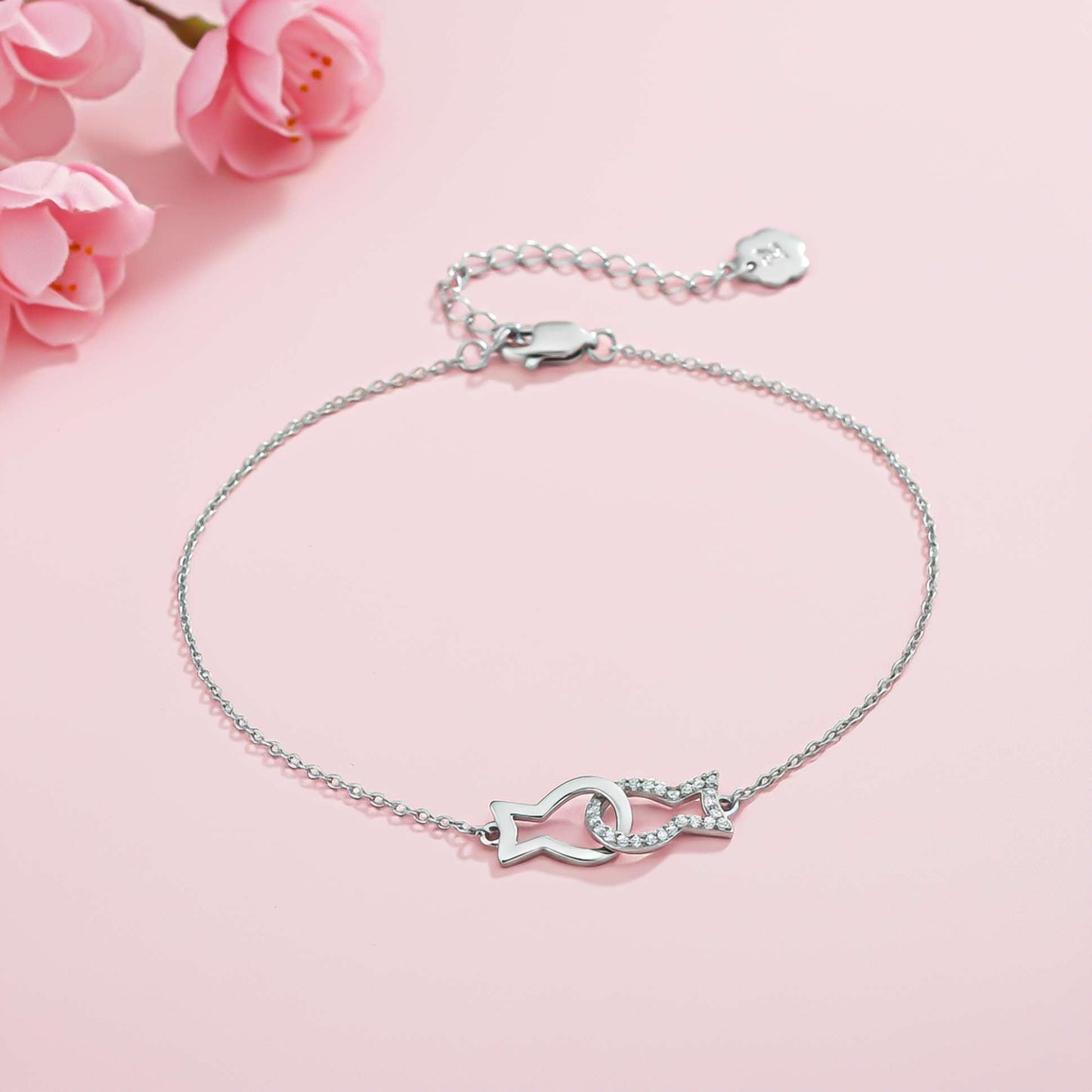 Valentine Kissing Fish Anklet In 925 Sterling Silver With 14K Gold Plated
