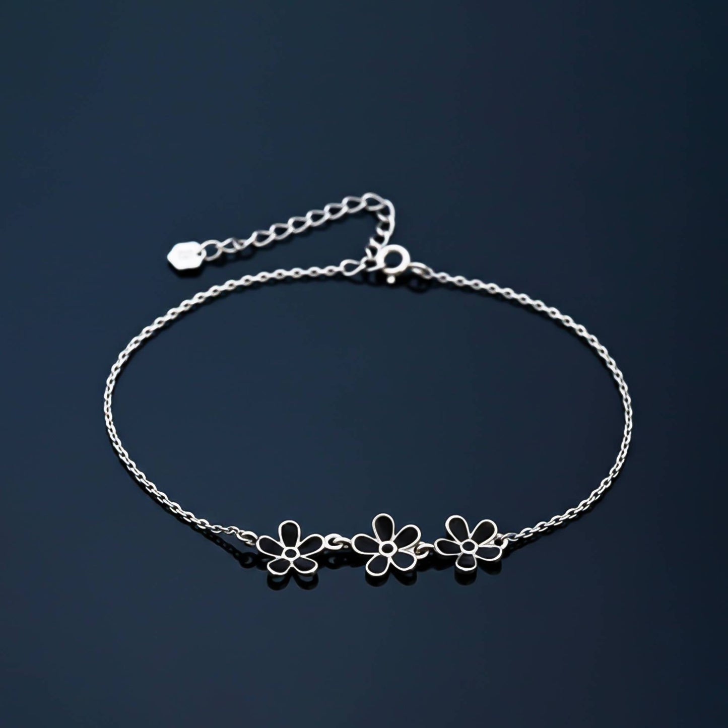 Sterling Silver Floral Black Enamel Anklet For Women