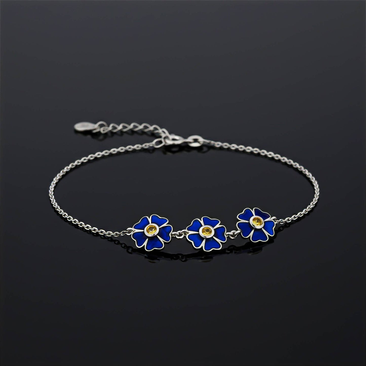 925 Sterling Silver Blue Enamel Floral Anklet Anniversary Gift For Her