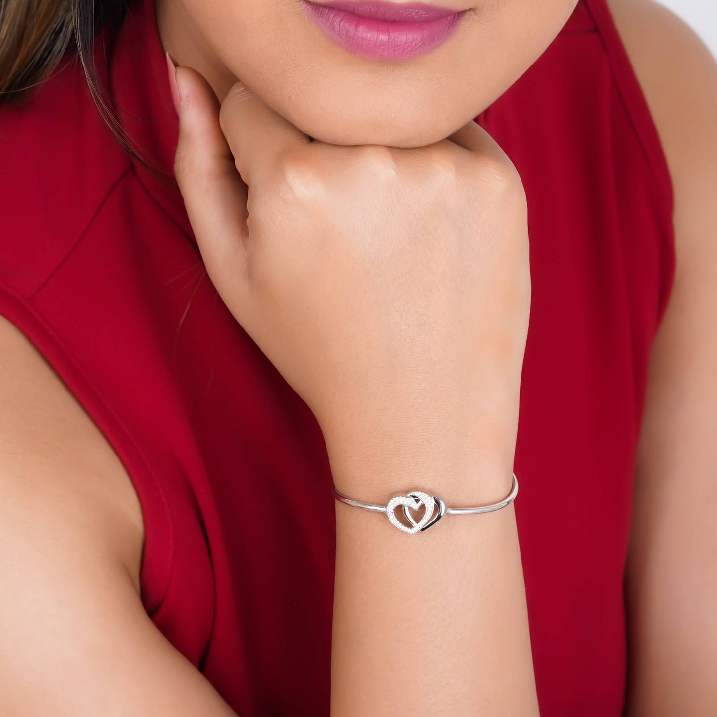 Silver Dual Interlocking Hearts Cuff Bracelet