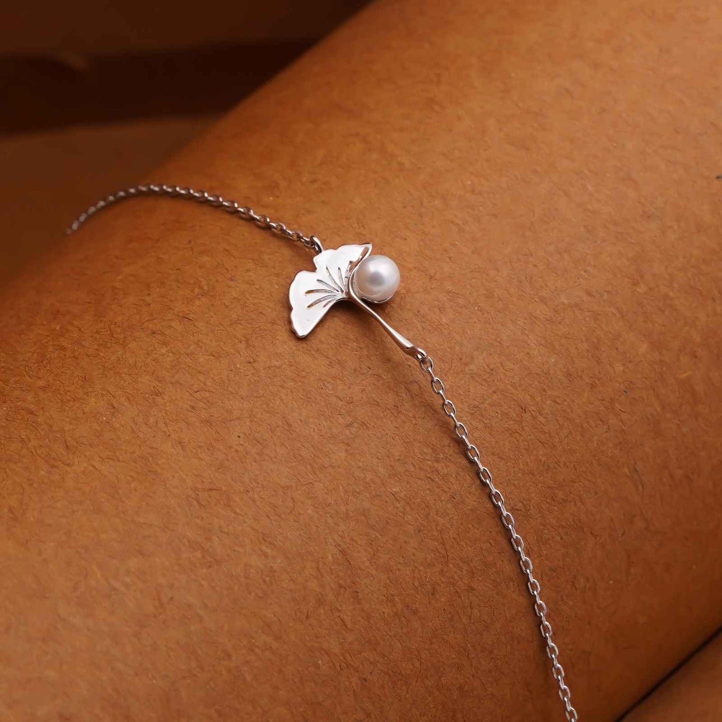 Silver Ginkgo Leaf Pearl Bracelet