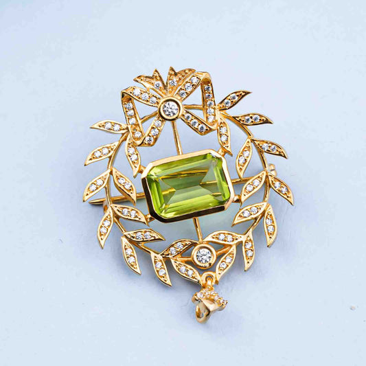 Silver Peridot Floral Basket Brooch Pin With 14K Gold Plated