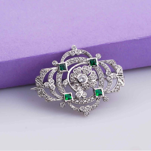 Silver Epoque Antique Emerald & Diamond Brooch