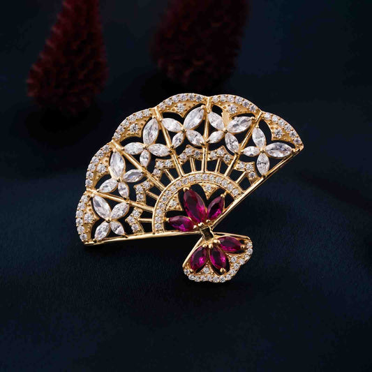 Silver Marquise Ruby Fan Brooch With 14K Gold Plated