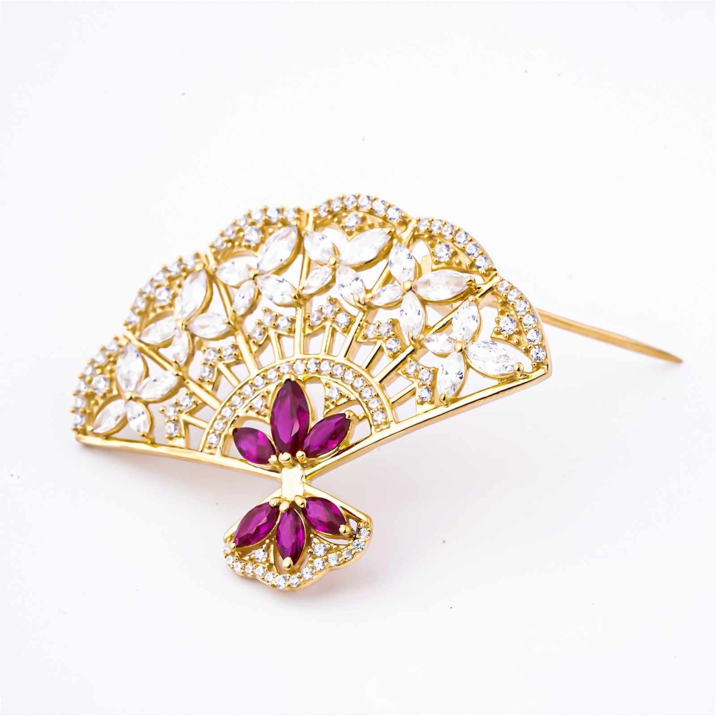 Silver Marquise Ruby Fan Brooch With 14K Gold Plated