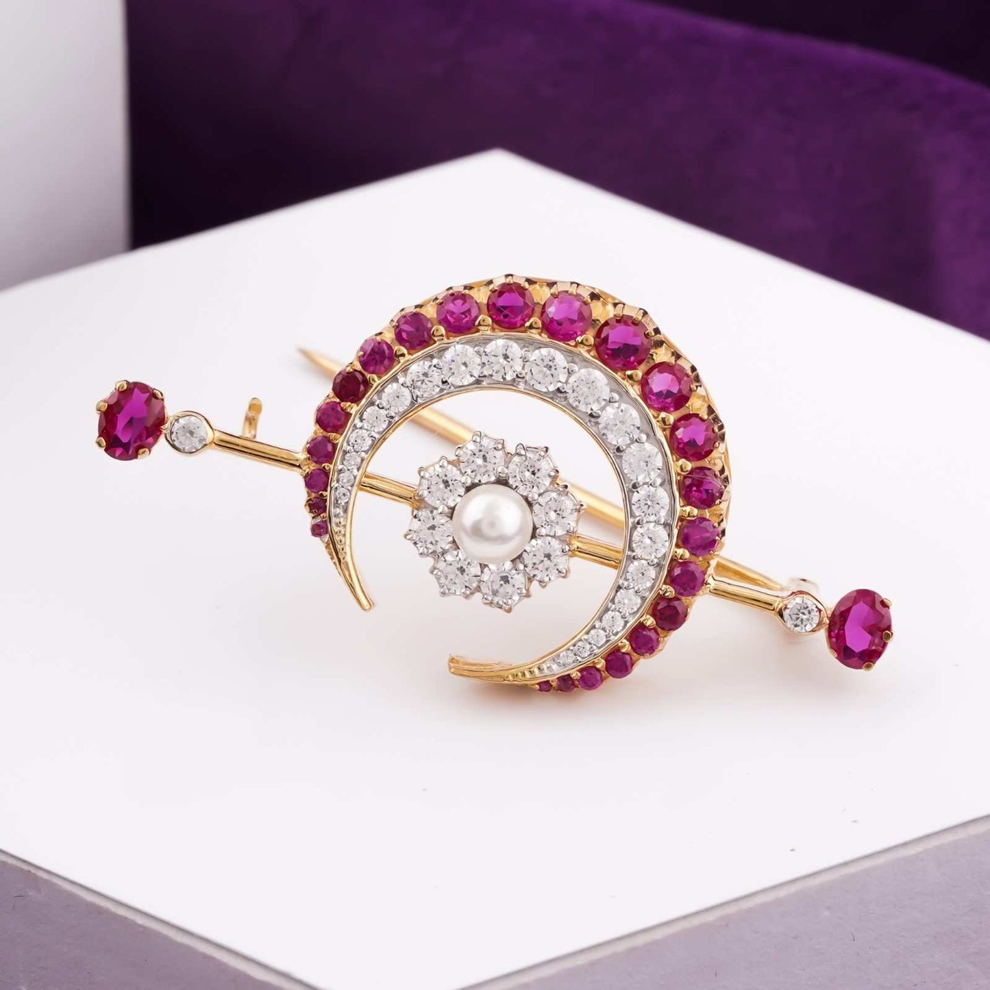 Silver Pearl & Ruby Moon Brooch With 14K Gold Plated