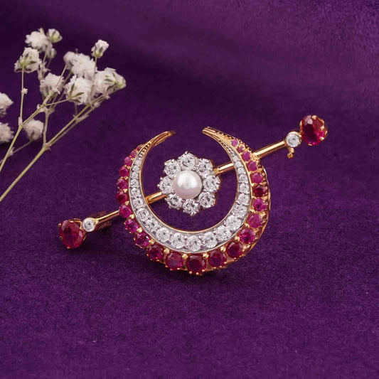 Silver Pearl & Ruby Moon Brooch With 14K Gold Plated