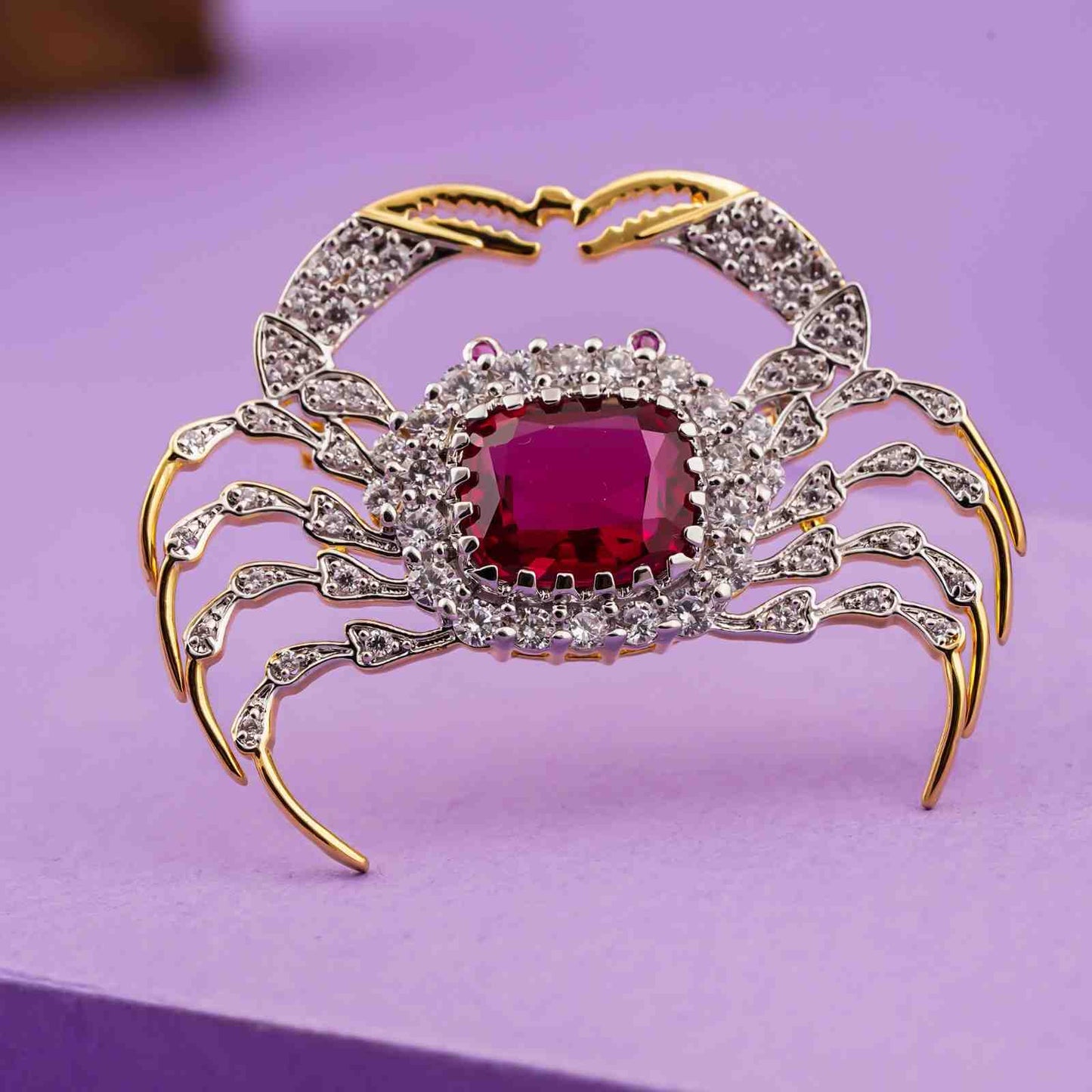 Silver Red Ruby Versatile Crab Brooch With 14K Gold Over