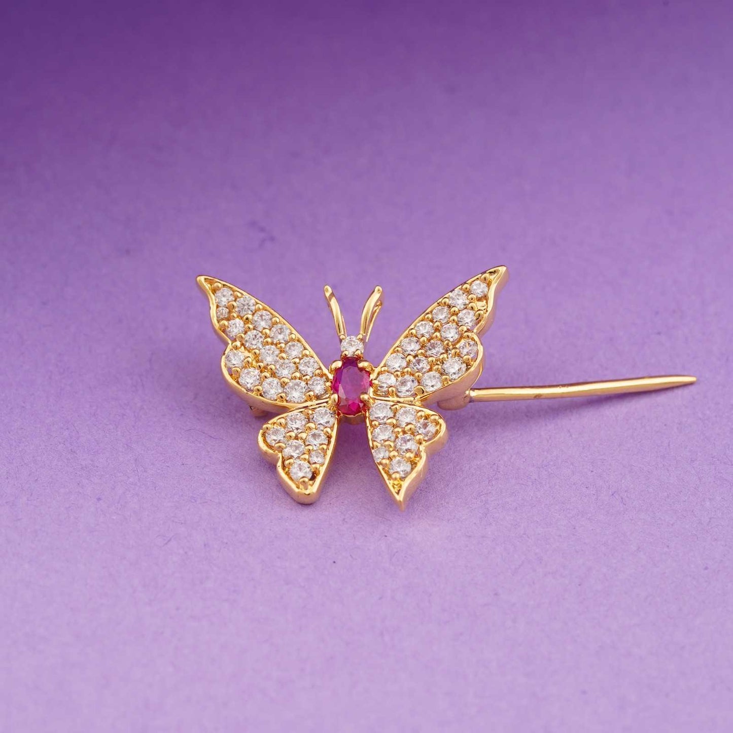Red Ruby Butterfly Brooch With 14K Gold Over