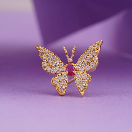Red Ruby Butterfly Brooch With 14K Gold Over