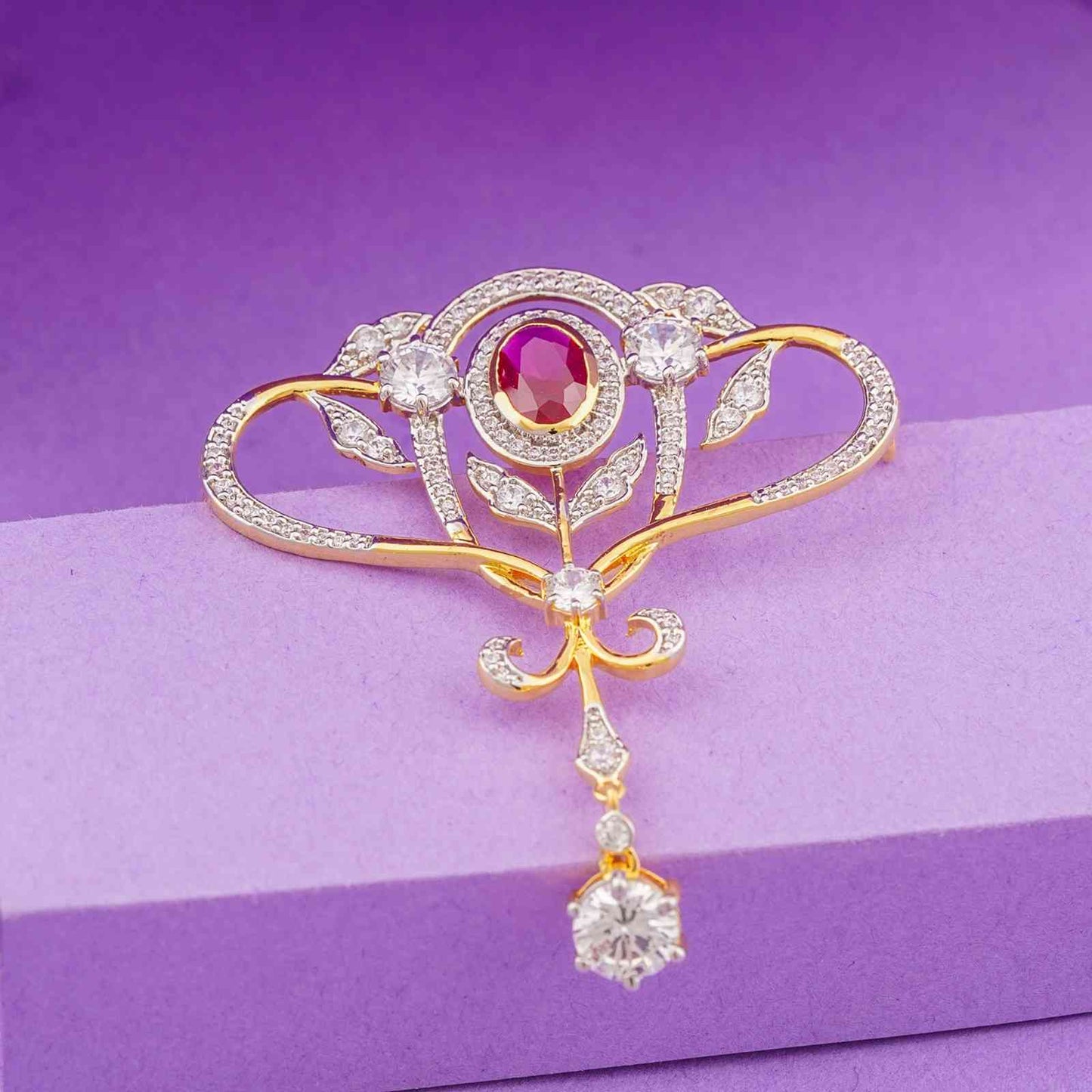Silver Ruby Art Deco Brooch With 14K Gold Over