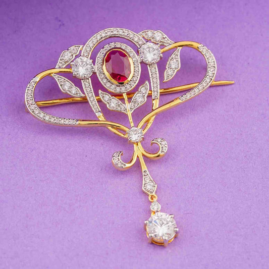 Silver Ruby Art Deco Brooch With 14K Gold Over