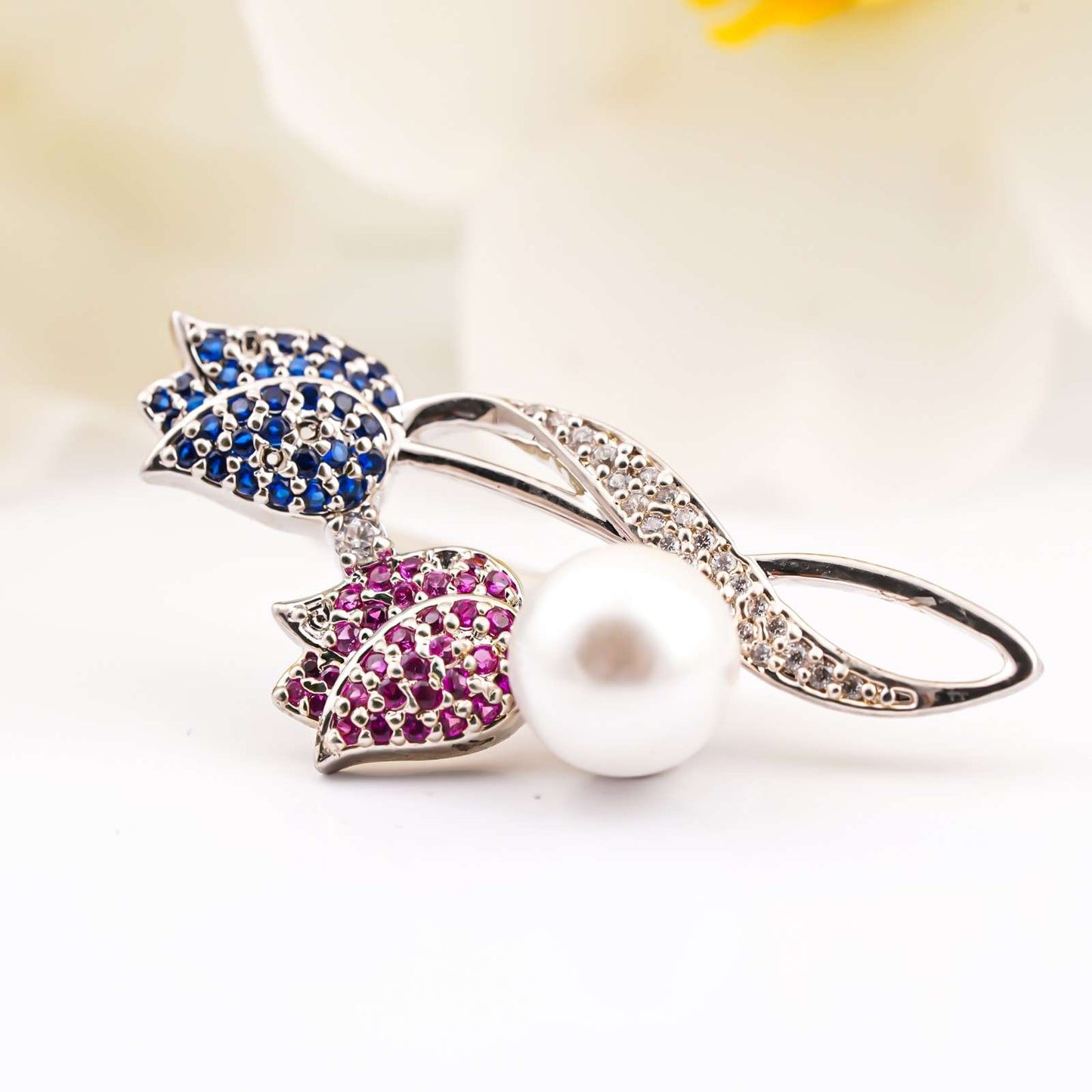 Silver Pearl & Multi-Color Flory Brooch Pin