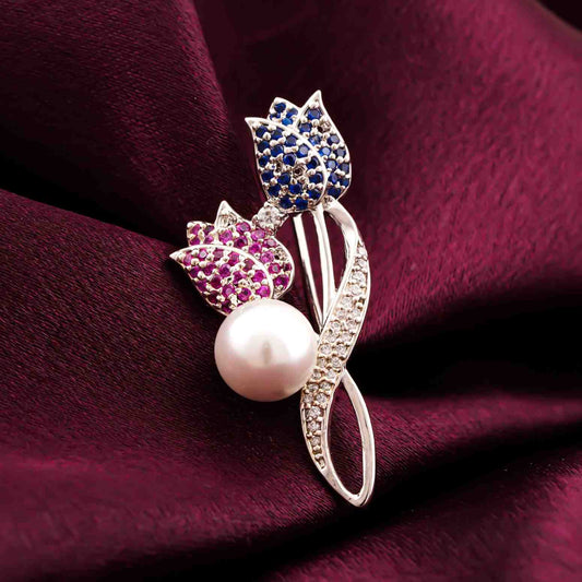 Silver Pearl & Multi-Color Flory Brooch Pin