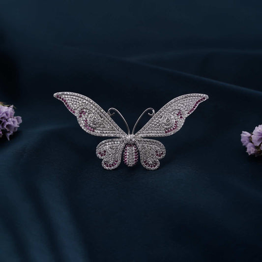 Silver Cluster Red Ruby Butterfly Brooch Pin
