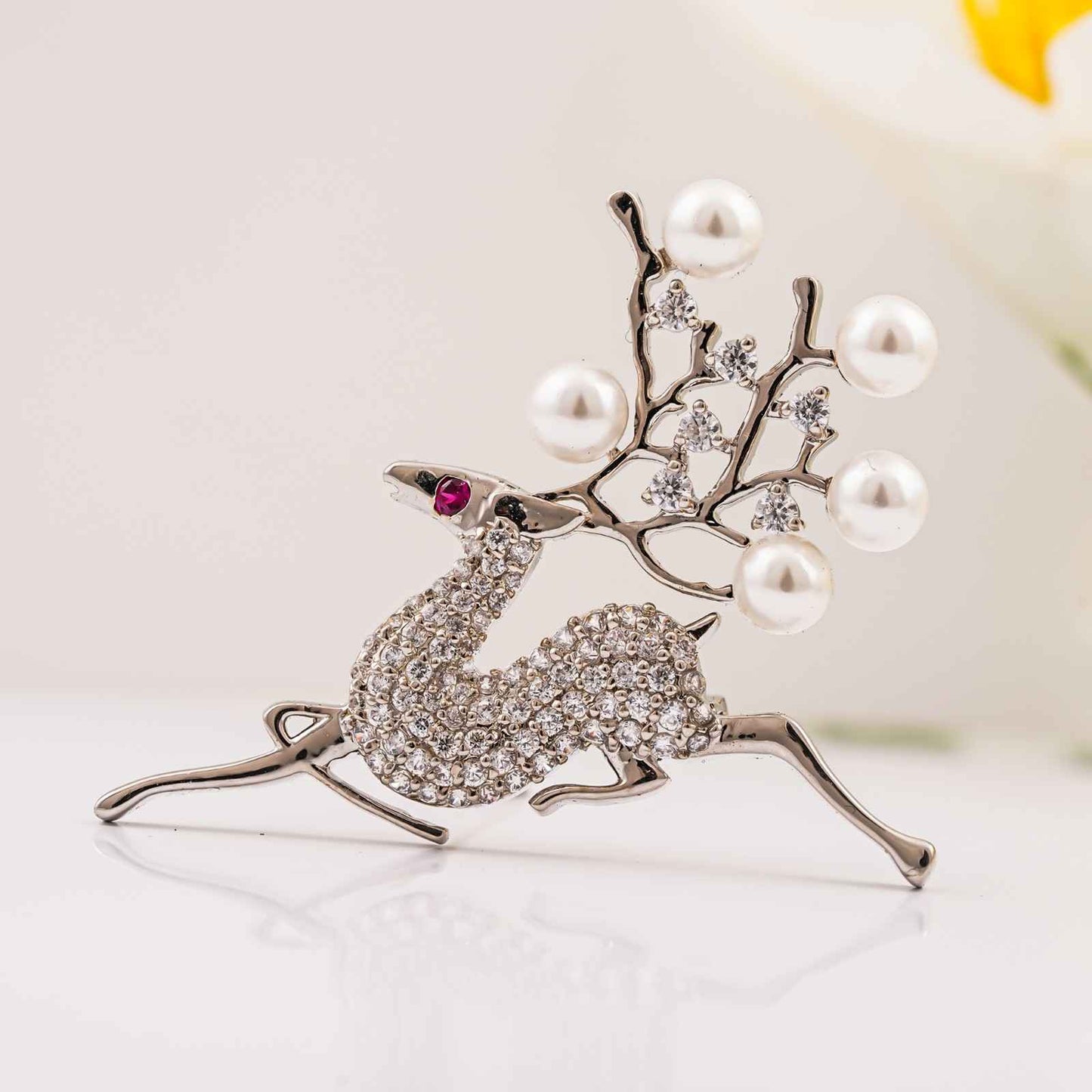 925 Sterling Silver Pearl Deer Brooch Pin