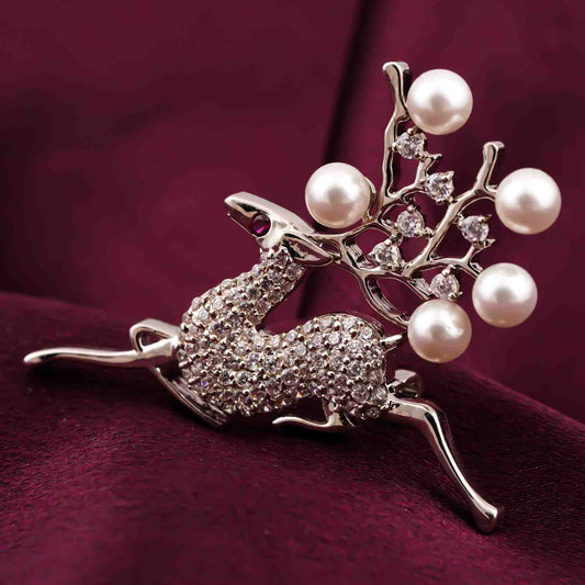 925 Sterling Silver Pearl Deer Brooch Pin