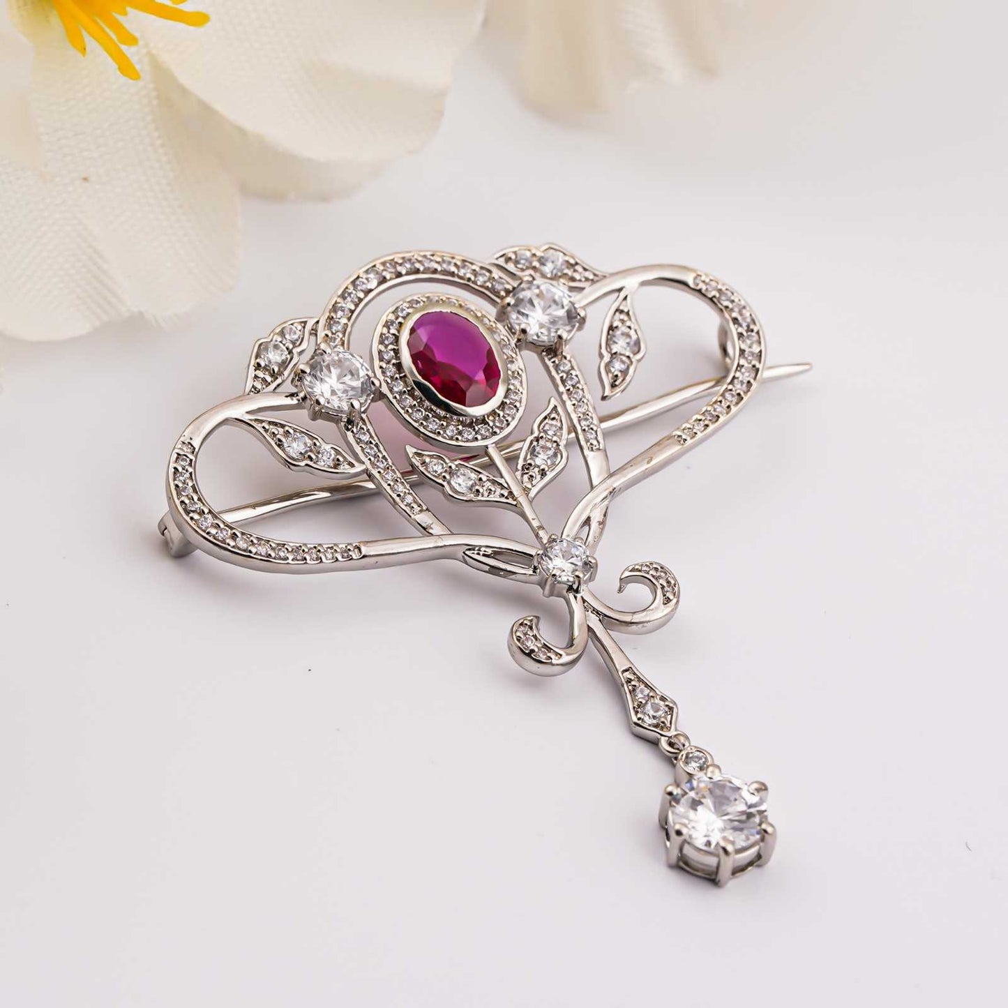 925 Sterling Silver Ruby Art Deco Brooch Pin