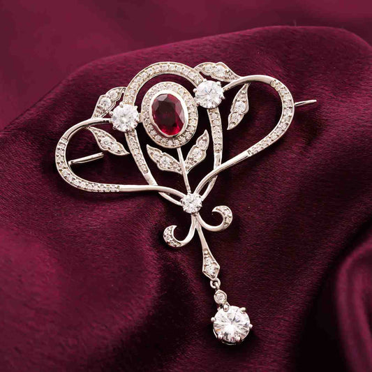 925 Sterling Silver Ruby Art Deco Brooch Pin