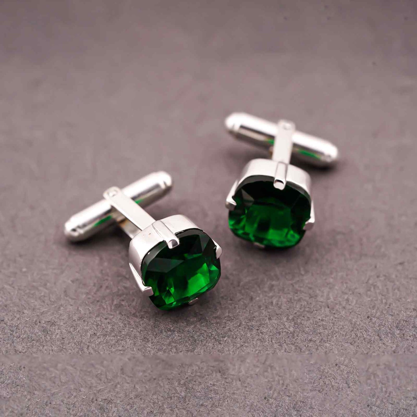 Silver Green Emerald Solitaire Cufflinks For Him
