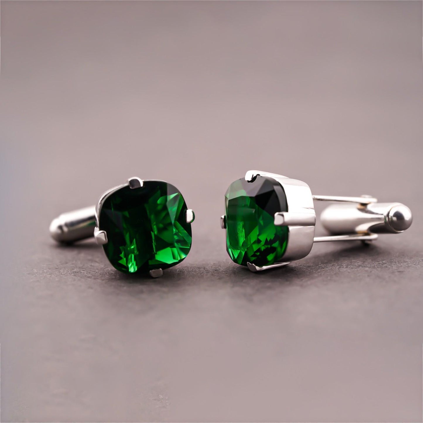 Silver Green Emerald Solitaire Cufflinks For Him
