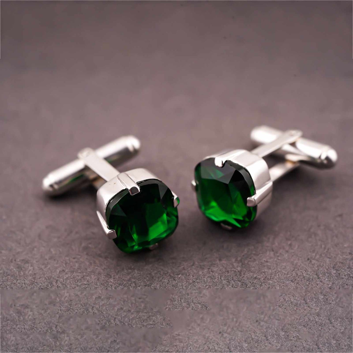 Silver Green Emerald Solitaire Cufflinks For Him