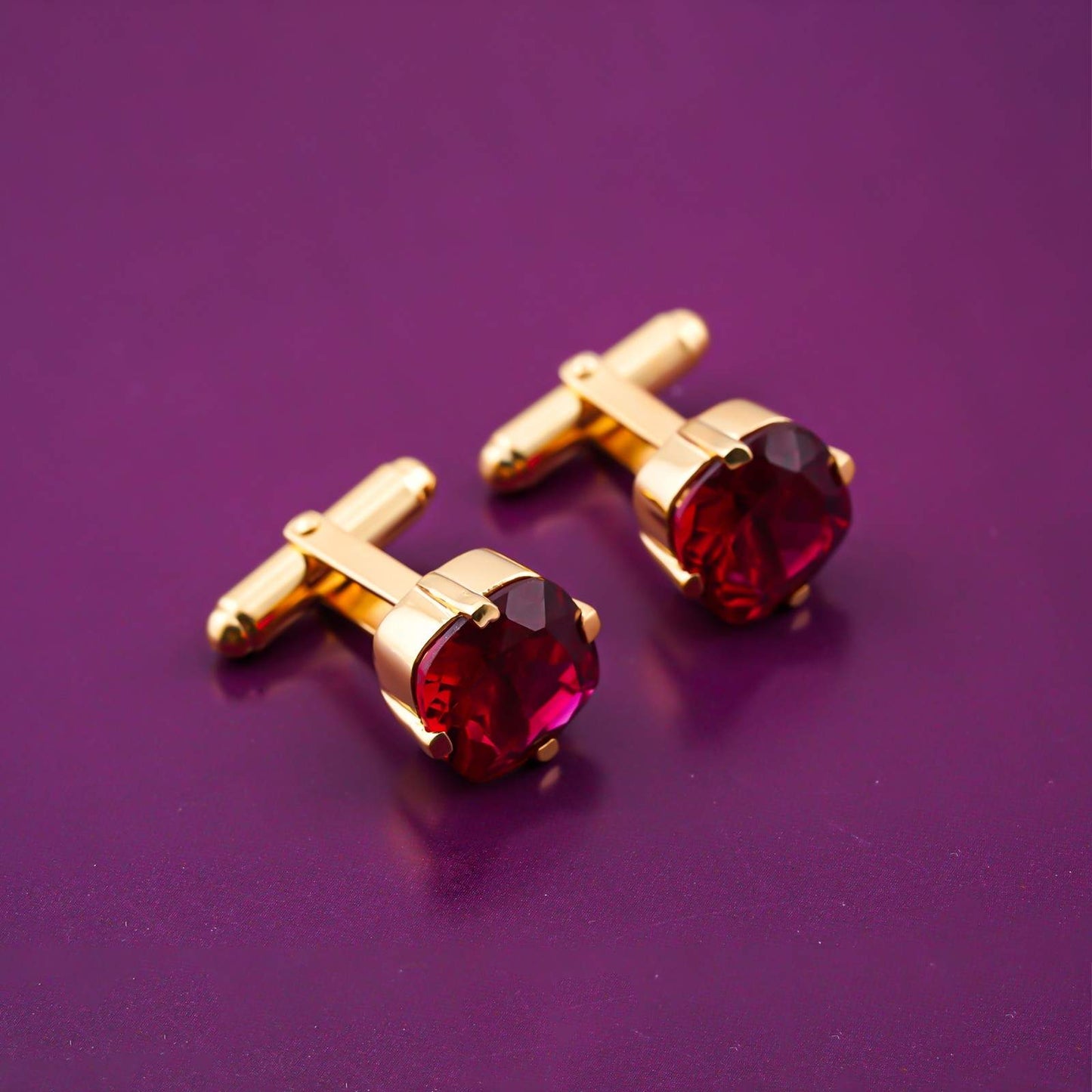 Silver Red Garnet Solitaire Cufflinks For Him With 14K Gold Over