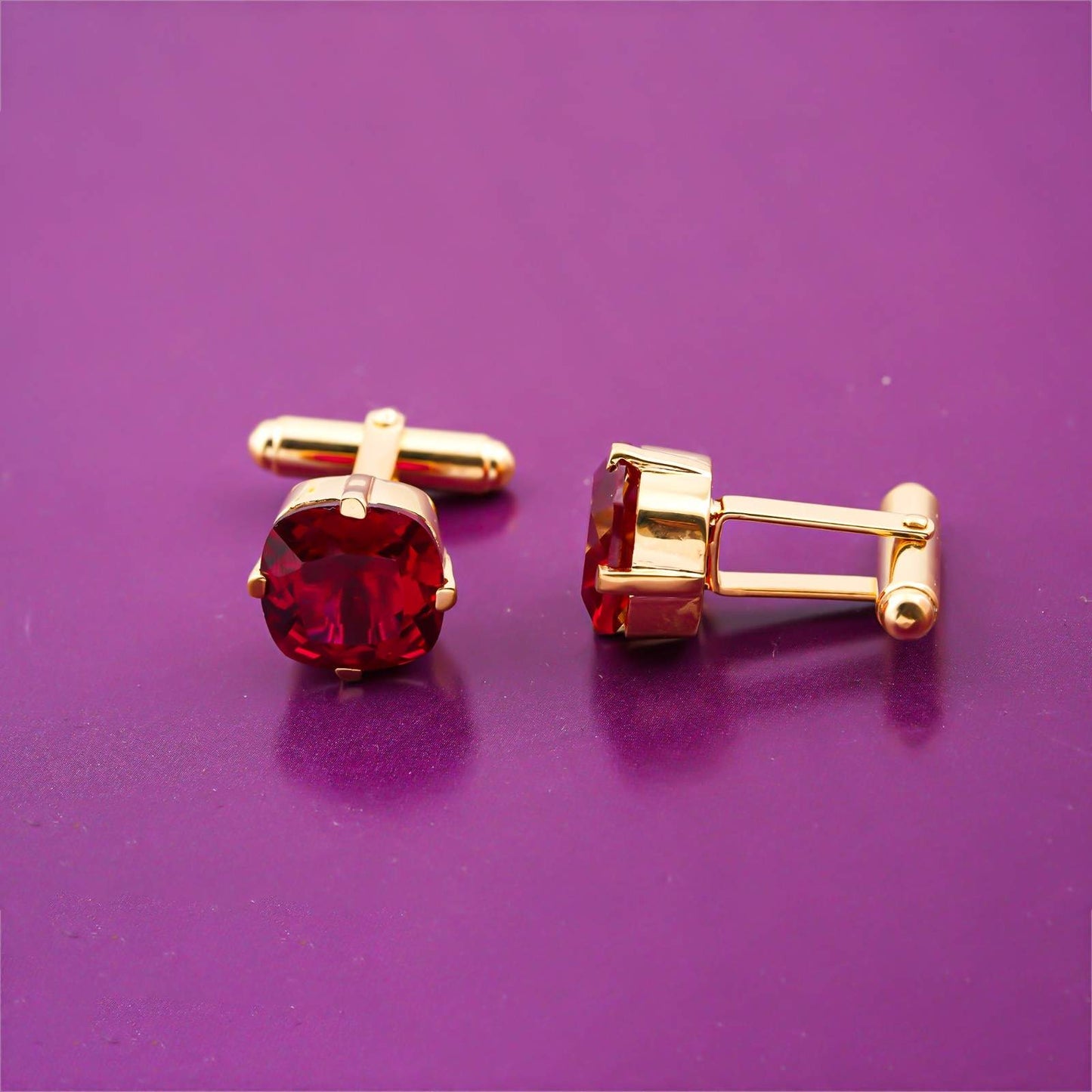 Silver Red Garnet Solitaire Cufflinks For Him With 14K Gold Over